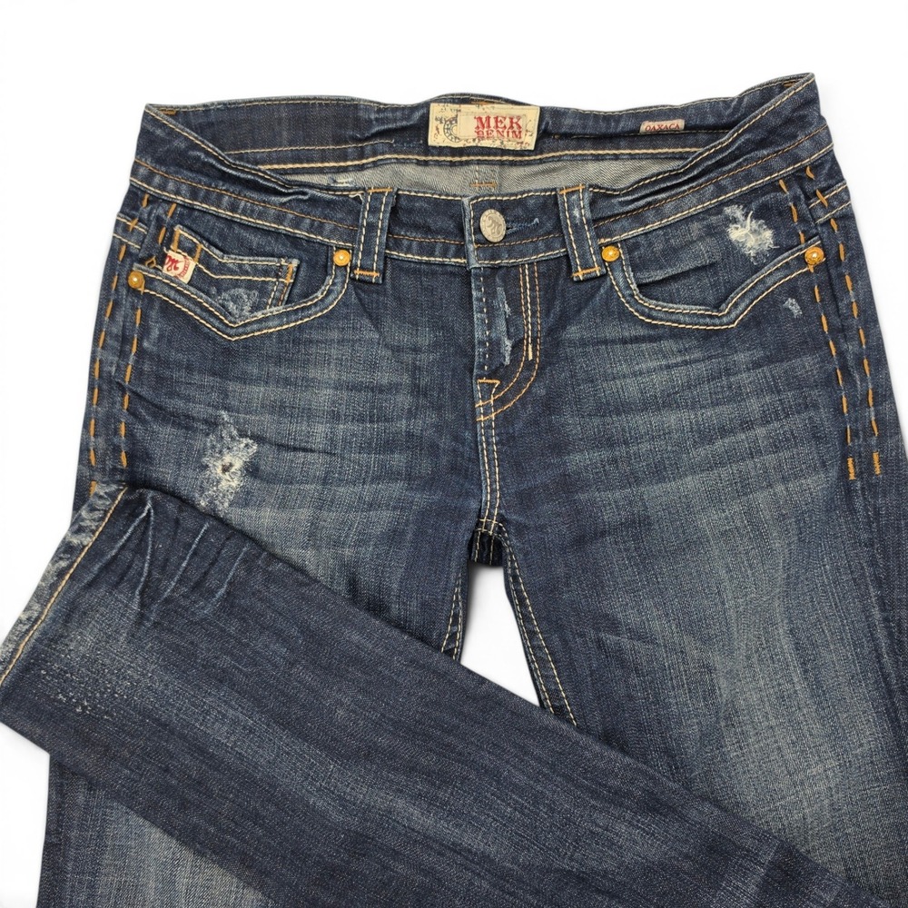 MEK Denim Oaxaca Cigarette Jeans 30x34 Y2K Distressed Low Rise Dark‎ Wash